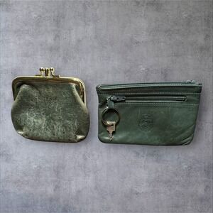 2 La Garde Leather Coin Purse Pouch Set  Green Good Vintage Kiss Lock Key